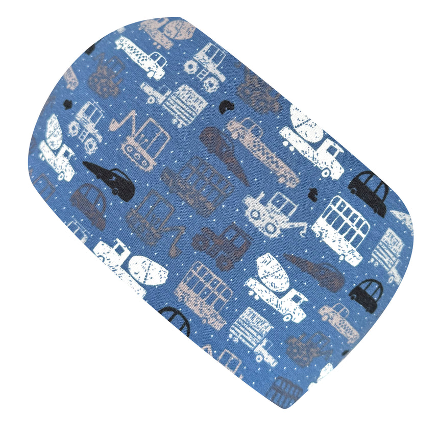 Wollhuhn Elastisches Öko Stirnband aus blauem Jersey mit Bau- und Fahrzeugmotiven, handgemacht, zweilagig, ideal für Sport und Freizeit, dehnbar und angenehm zu tragen.