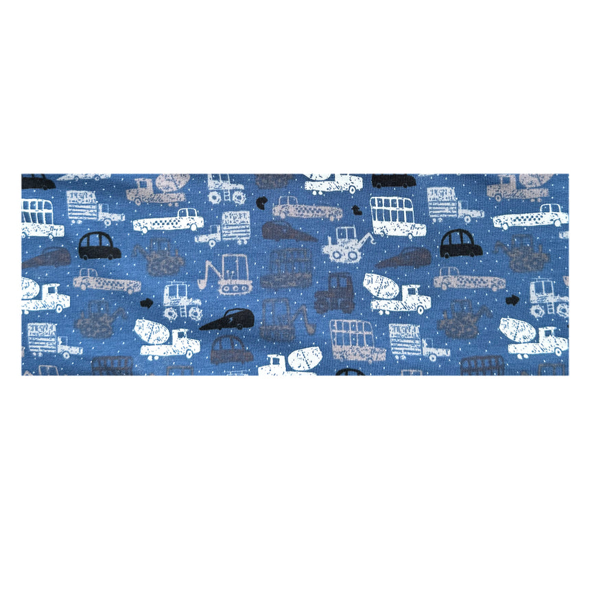 Wollhuhn Elastisches Öko Stirnband / Haarband Jersey Zweilagig Breit Baustelle Jeansblau mit Fahrzeugmotiven, handgemacht aus weicher, atmungsaktiver Bio-Baumwolle, ideal für Kinder und Erwachsene.