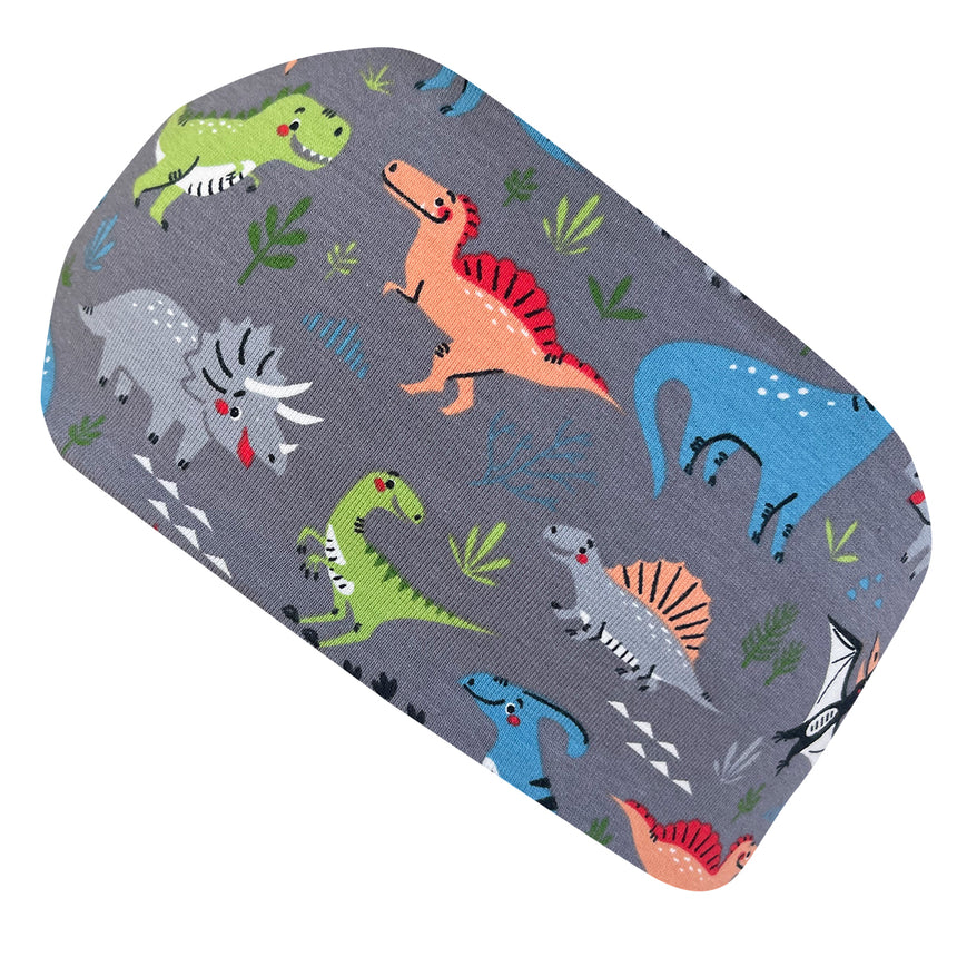 Wollhuhn Elastisches Öko Stirnband Jersey mit bunten Dinosauriern, handgemacht aus weicher, dehnbarer Bio-Baumwolle, ideal für vielseitigen, bequemen Tragekomfort.