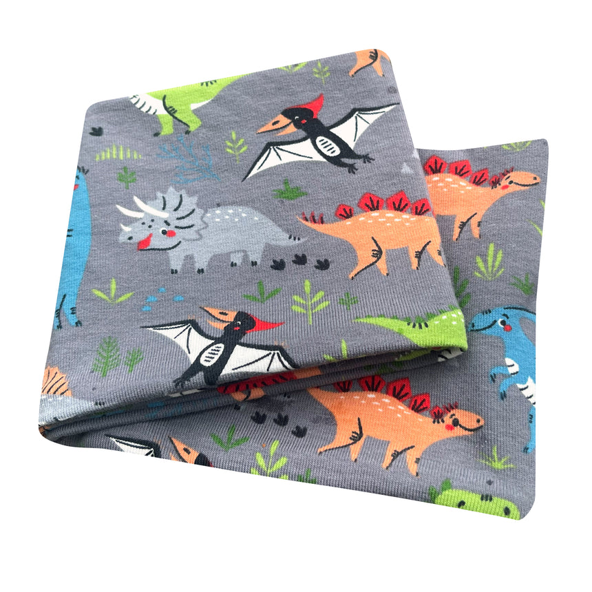 Wollhuhn Elastisches Öko Stirnband, doppellagig, mit Cartoon-Dinosauriern, handgemacht aus weicher Bio-Baumwolle, ideal für Sport und Freizeit.