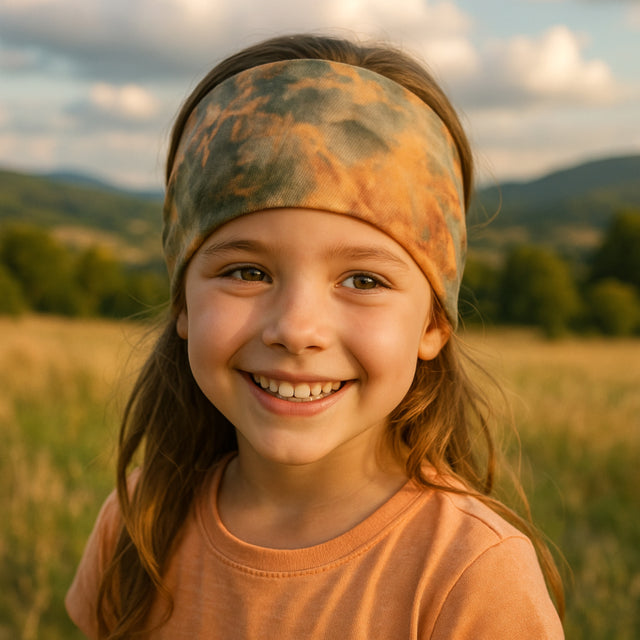 Mädchen lächelt und trägt das Wollhuhn Elastisches Öko Stirnband, ein handgemachtes, zweilagiges Jersey-Stirnband aus Bio-Baumwolle, ideal für Outdoor-Aktivitäten.