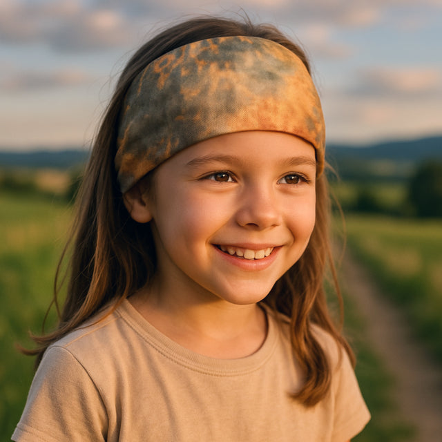 Lächelndes Mädchen trägt Wollhuhn Elastisches Öko Stirnband, ideal für Schule und Outdoor-Aktivitäten, handgemacht aus weichem Bio-Jersey, vielseitig tragbar.