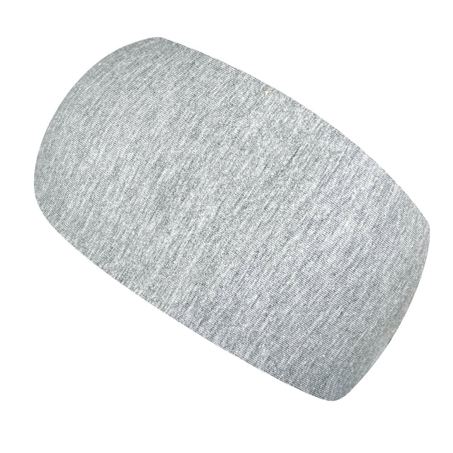 Wollhuhn Elastisches Öko Stirnband, hellgrau, breit und zweilagig. Handgemacht aus Bio-Baumwolle, ideal für Freizeit und Sport.