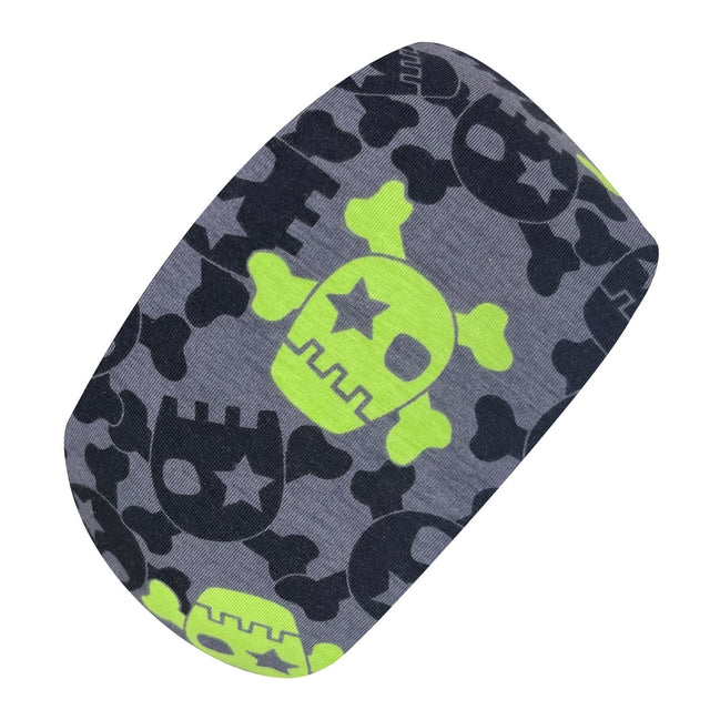 Wollhuhn Elastisches Öko Stirnband mit Totenkopf-Muster, handgemacht aus Bio-Baumwolle, ideal für vielseitige Nutzung und komfortablen Sitz, geeignet für alle Altersgruppen.