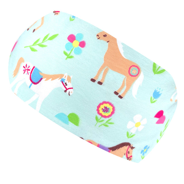 Wollhuhn Elastisches Öko Stirnband mit Pferdemotiv, handgemacht aus weichem Jersey, doppellagig und vielseitig tragbar, ideal für Kinder und Erwachsene.