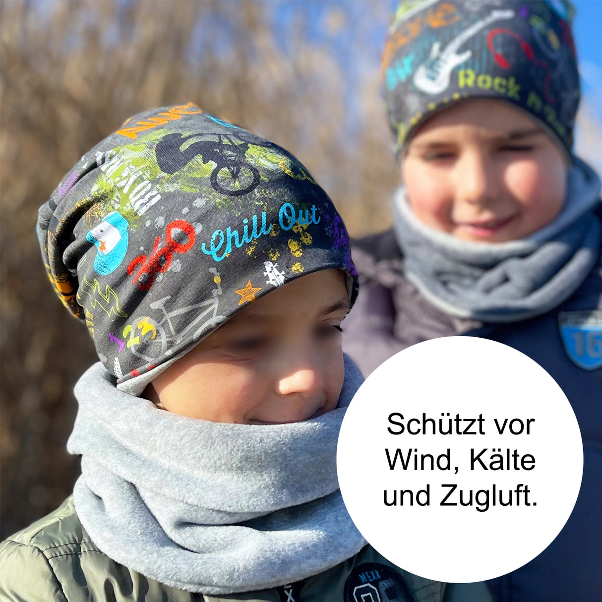 Wollhuhn WINTER Halstuch/Schlupfschal „Unser Wärmster“, Zwei Lagen Fleece, Anthrazit/Grün