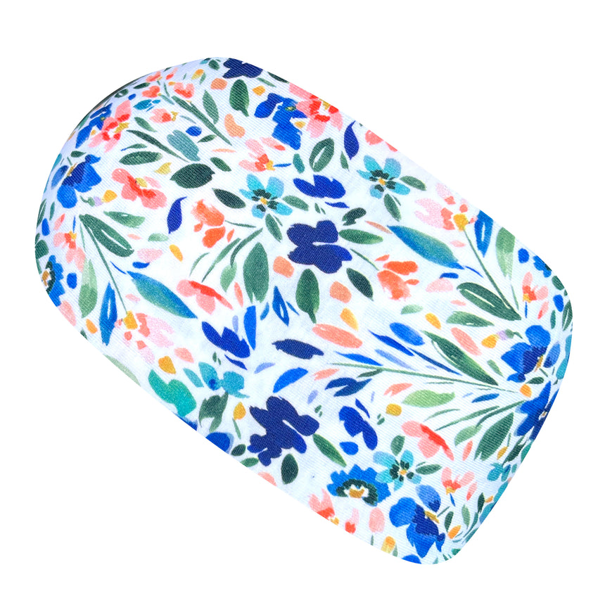 Wollhuhn Elastisches Öko Stirnband, handgemacht aus Jersey, zeigt bunte Blumenmuster. Ideal für Sport und Alltag, weich, dehnbar und hautfreundlich.