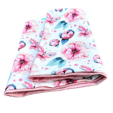 Wollhuhn Leichtes Lockeres Öko Jersey Halstuch mit Blumen- und Schmetterlingsmuster, handgemacht, weich, locker, ideal für Frühling bis Herbst, wendbar, aus Öko-Jersey.