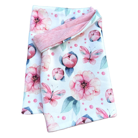 Wollhuhn Leichtes Lockeres Öko Jersey Halstuch, handgemacht, mit Aquarell-Blumen und Schmetterlingen auf weißem Hintergrund, ideal für Frühling und Sommer, wendbar mit altrosa Rückseite.