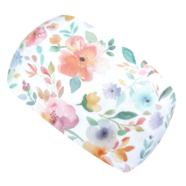 Wollhuhn Elastisches Öko Stirnband / Haarband Jersey Zweilagig Breit Aquarellblumen Weiß/Bunt, zeigt detaillierte Blumendrucke auf weichem, handgefertigtem Stoff, ideal für vielseitiges Tragen.