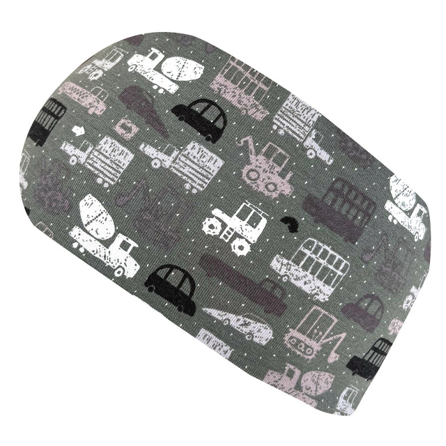 Wollhuhn Elastisches Öko Stirnband/Haarband Jersey, doppellagig und breit, mit Baustellen- und Baggermuster, ideal für Kinder und Erwachsene, handgefertigt in Deutschland.