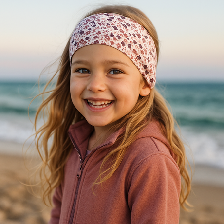 Mädchen am Strand mit Wollhuhn Elastisches Öko Stirnband, Blümchenmuster in Beige/Braun, lächelnd in pink-mauver Jacke, Ozean im Hintergrund bei Sonnenauf- oder -untergang.