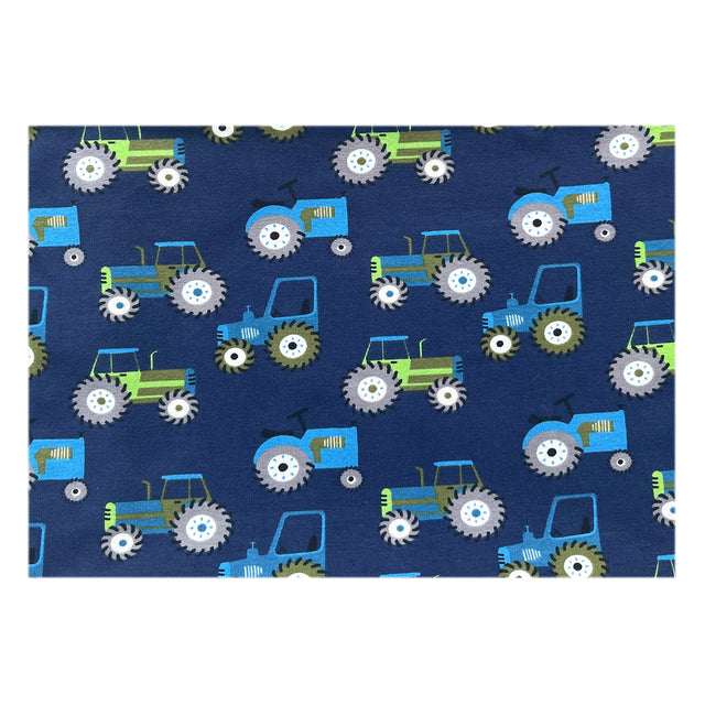 Wollhuhn Öko Jersey Schlupfschal mit Traktor-Muster in Dunkelblau, handgemacht und dehnbar, ideal für Kinder ab einem Jahr, angenehm und locker zu tragen.