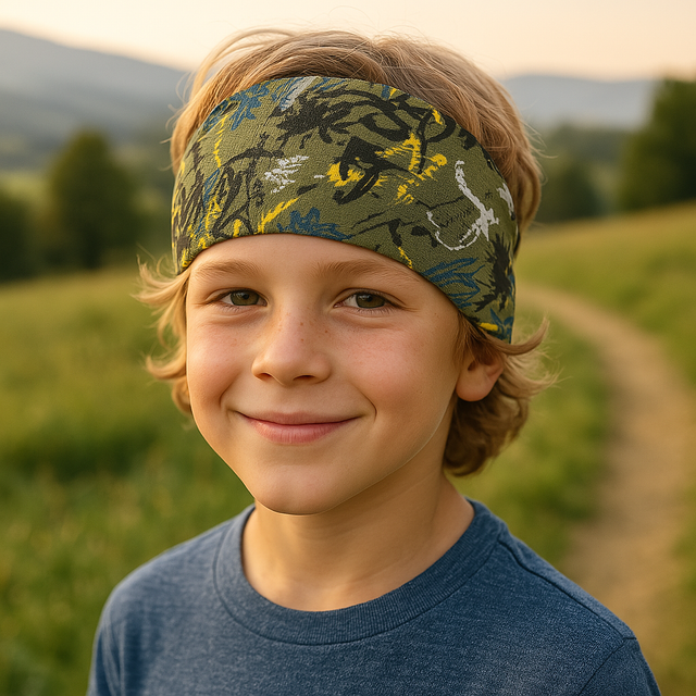 Junge trägt Wollhuhn Elastisches Öko Stirnband, Jersey zweilagig, ideal für Sport und Outdoor-Aktivitäten, handgefertigt in Deutschland.