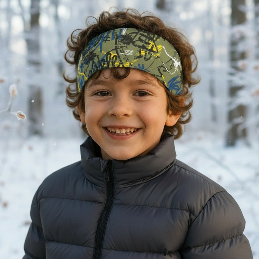 Kind im Schnee trägt Wollhuhn Elastisches Öko Stirnband / Haarband Jersey Zweilagig Breit Graffiti Khaki/Gelb, perfekt für Outdoor-Aktivitäten, handgefertigt aus Bio-Baumwolle.