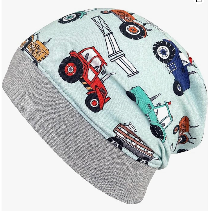Wollhuhn Dünne Öko Beanie-Mütze Sommer/Übergang Maxi Trecker/Traktor Hellblau: Handgemachte, dehnbare Beanie mit grauem Bündchen, ideal für Kinder, mit bunten Farmfahrzeugen.