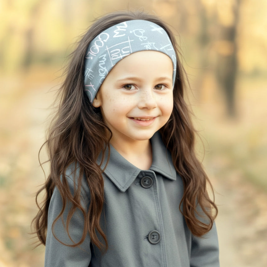 Mädchen trägt Wollhuhn Elastisches Öko Stirnband Jersey Zweilagig Breit Cool Music Grau/Rosa, stehend auf herbstlichem Weg, lächelnd, mit braunem Haar zurückgehalten durch Stirnband.