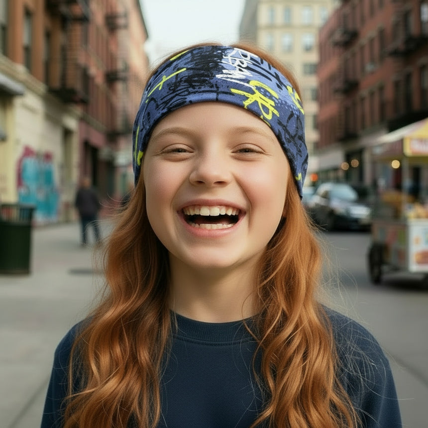Junge Rothaarige trägt Wollhuhn Elastisches Öko Stirnband in urbaner Umgebung, lächelnd, mit gemustertem blauen Stirnband, ideal für Schule und Freizeit.