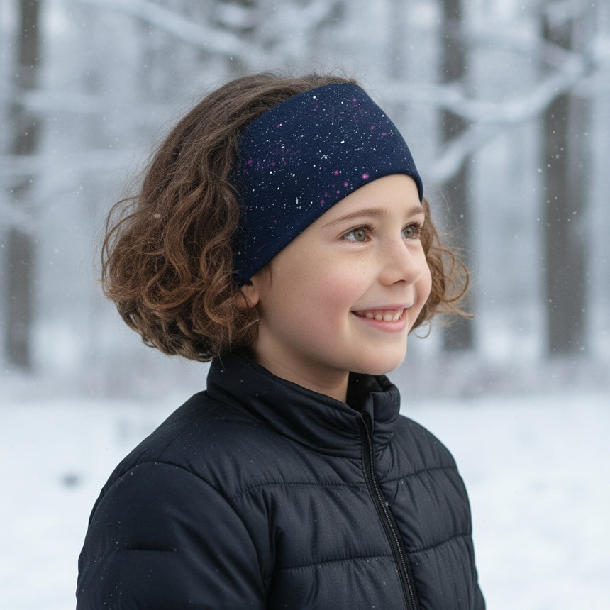 Kind im Schnee mit Wollhuhn Elastisches Öko Stirnband aus Jersey, zweilagig und breit, mit Galaxy Sprenkel. Lächelnd, in dunkler Jacke, vor verschneiten Bäumen.