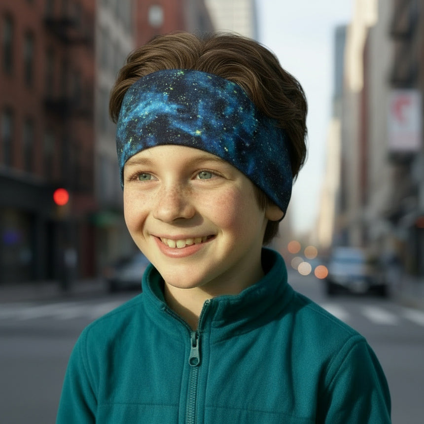 Junge trägt Wollhuhn Elastisches Öko Stirnband / Haarband Jersey Zweilagig Breit Space Blau/Grün auf Stadtstraße. Ideal für Outdoor-Aktivitäten, handgemacht in Deutschland.