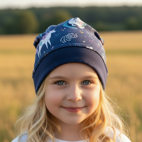 Wollhuhn Dünne Öko Beanie-Mütze Sommer/Übergang Einlagig Einhorn/Einhörner Dunkelblau
