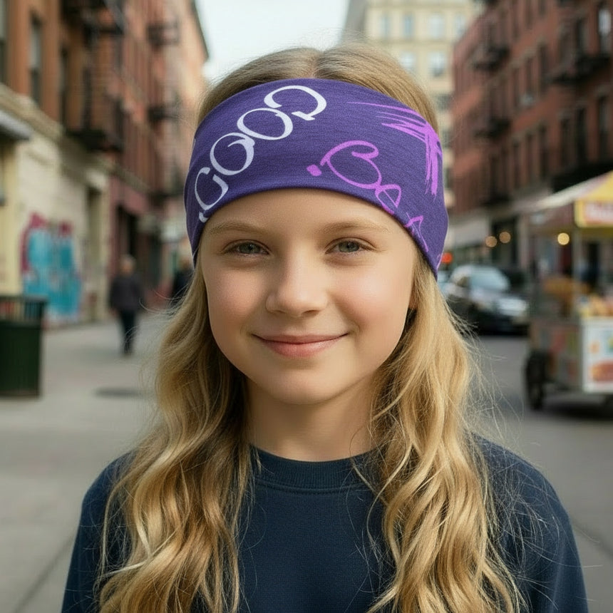 Junges Mädchen trägt das Wollhuhn Elastisches Öko Stirnband, Jersey zweilagig breit, in violett mit Muster, ideal für Schule und Freizeit.