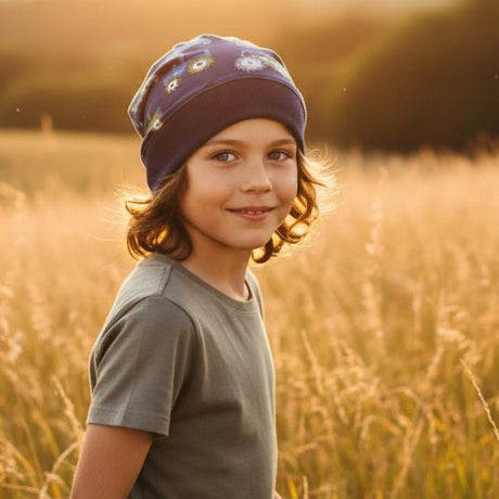 Ein Kind trägt die Wollhuhn Dünne Öko Beanie-Mütze mit Sonnenblumenmuster, stehend im sonnenbeschienenen Grasfeld. Ideal für Übergangszeiten, handgemacht in Deutschland.