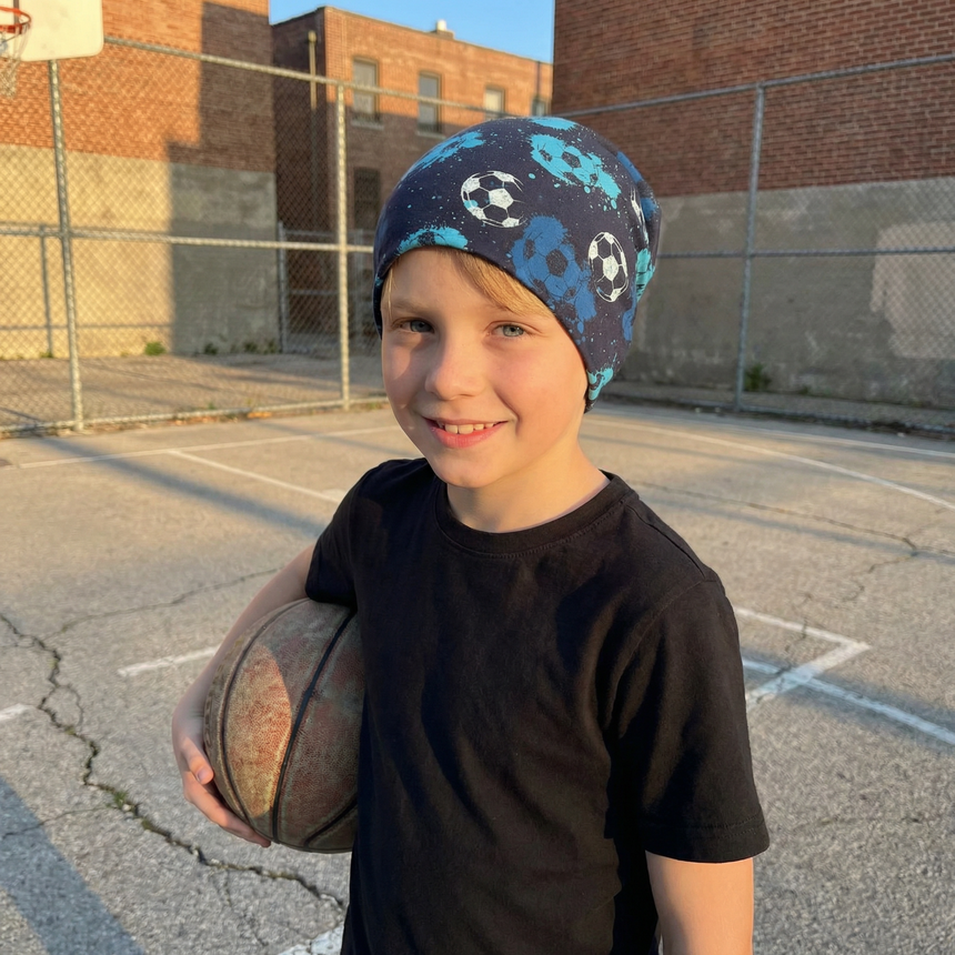 Wollhuhn Öko Shorties / Wendemütze, Ganzjährig, Zweilagig, Fußball Blautöne