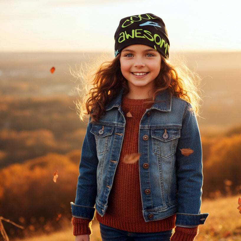 Mädchen im Herbst mit Wollhuhn Öko Long Beanie, handgefertigt aus weichem Öko-Jersey, zweilagig, bequem und lässig, ideal für Übergangszeiten.