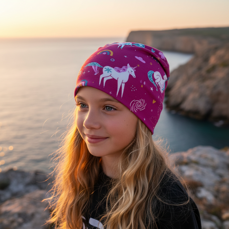 Mädchen trägt Wollhuhn Öko Shorties Wendemütze mit Einhörnern, stehend am Felsstrand bei Sonnenuntergang, zeigt stilvolles, kindgerechtes Design und handgefertigte Qualität.