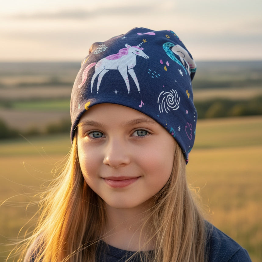 Mädchen trägt Wollhuhn Öko Shorties/Wendemütze, zweilagig, mit Einhörnern. Weiches, handgefertigtes Accessoire für Komfort und Stil. Ideal für aktive Kinder.