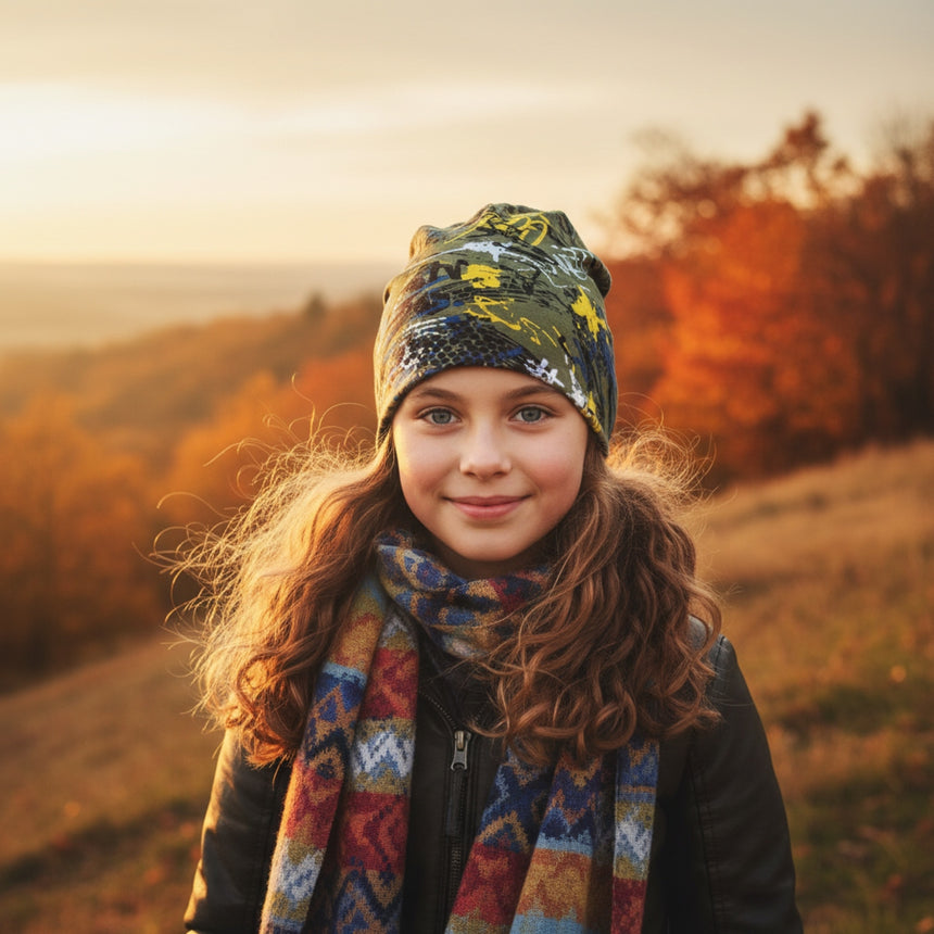 Mädchen im Herbst mit Wollhuhn Öko Long Beanie, zweilagig, lässig fallend, kombiniert mit bunter geometrischer Schal, ideal für milde Tage.