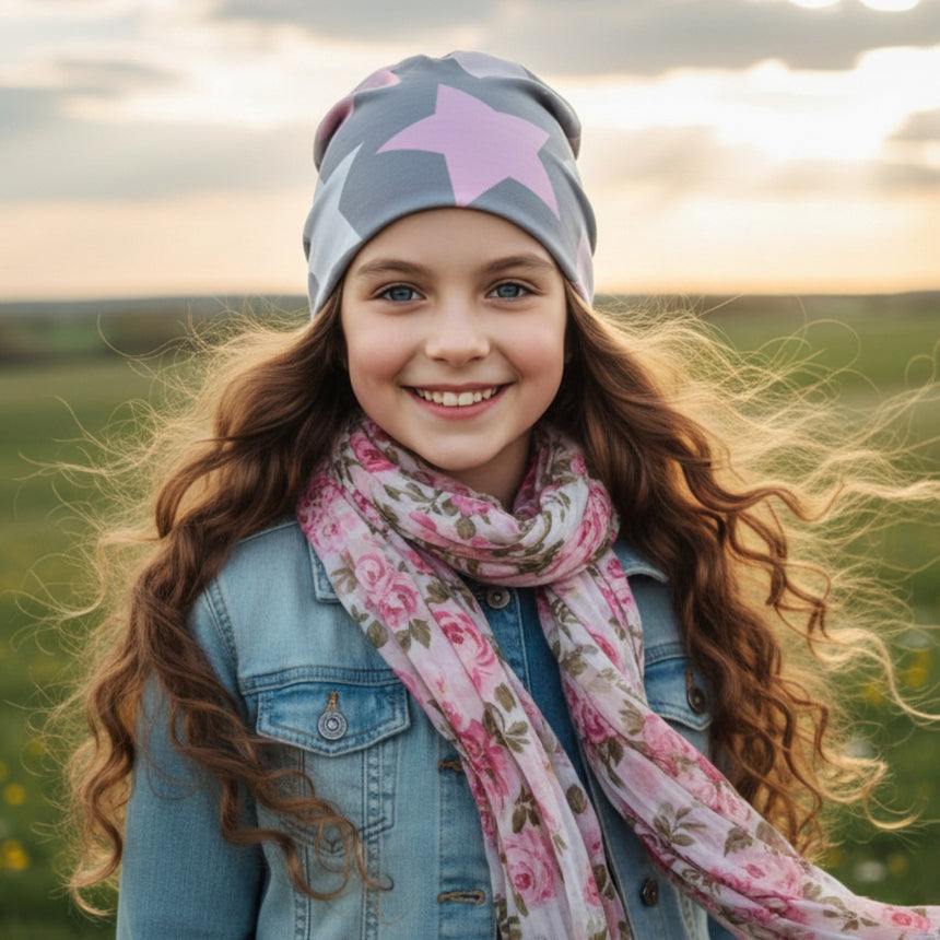 Mädchen mit Wollhuhn Öko Long Beanie, zweilagig, Wendemütze mit großen Sternen, lächelt in der Abendsonne auf einer Wiese, trägt Jeansjacke und Blumenschal.