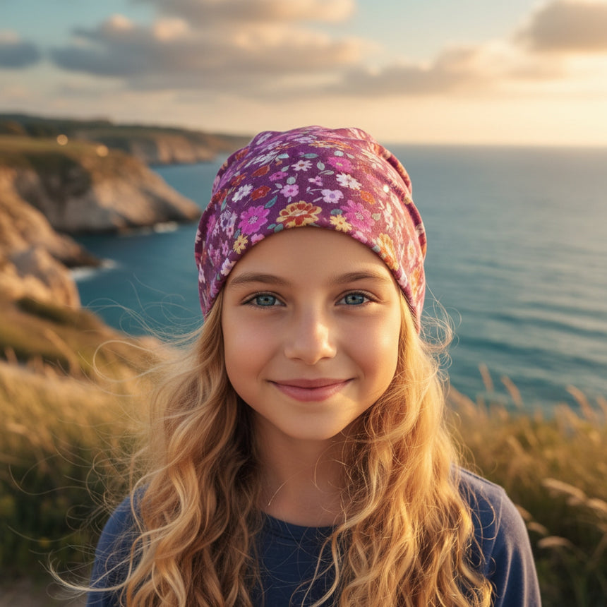 Mädchen mit Wollhuhn Öko Long Beanie, zweilagig, Blumenmuster, steht an einer Küste bei Sonnenuntergang. Perfekt für ganzjährige Nutzung, komfortabel und stilvoll.