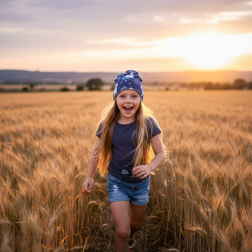 Ein Mädchen trägt eine Wollhuhn Öko Shorties Wendemütze, während es freudig durch ein Getreidefeld rennt, passend für aktive Kinder, handgefertigt aus Öko-Jersey.