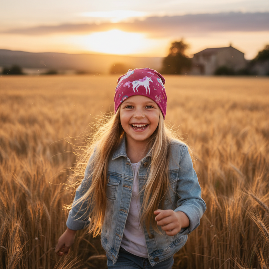 Mädchen mit Wollhuhn Öko Shorties Mütze mit Einhornmuster, fröhlich im Sonnenuntergang durch ein Weizenfeld laufend, zeigt die bequeme, stylische, handgefertigte Wendemütze.
