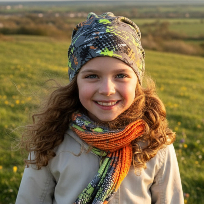 Mädchen mit Wollhuhn Öko Long Beanie Wendemütze, lässig zweilagig, steht lächelnd im Feld, trägt bunte Accessoires. Ideal für stilvolle, bequeme Abenteuer.