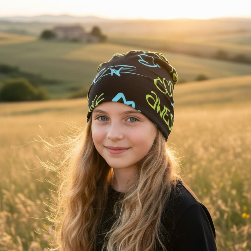 Junges Mädchen mit Wollhuhn Öko-Beanie, zweilagig und wendbar, in einem sonnenbeschienenen Feld. Handgemacht in Deutschland, ideal für Kinder, bequem und stilvoll.
