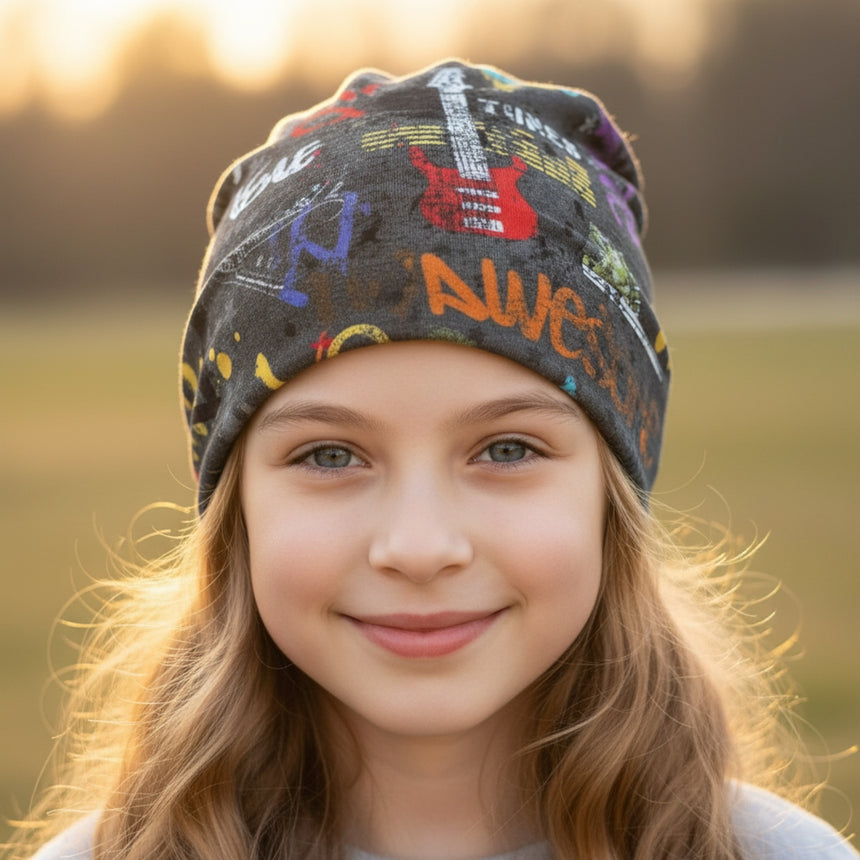 Mädchen mit Wollhuhn Öko Long Beanie, dunkelgrau mit Gitarrengrafiken. Handgemachte Wendemütze aus Öko-Jersey, lässiger Look, ideal für Übergangszeiten.