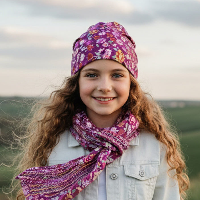 Mädchen mit Wollhuhn Öko Long Beanie, zweilagig und wendbar, im Freien. Ideal für ganzjähriges Tragen, handgemacht in Deutschland aus weichem Baumwolljersey.