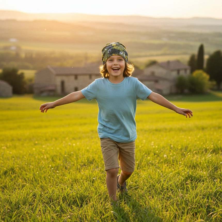 Kind mit Schulterlangem Haar, trägt eine Wollhuhn Öko Long Beanie, läuft fröhlich durch sonnige Wiese, umgeben von ländlichen Gebäuden und Hügeln.