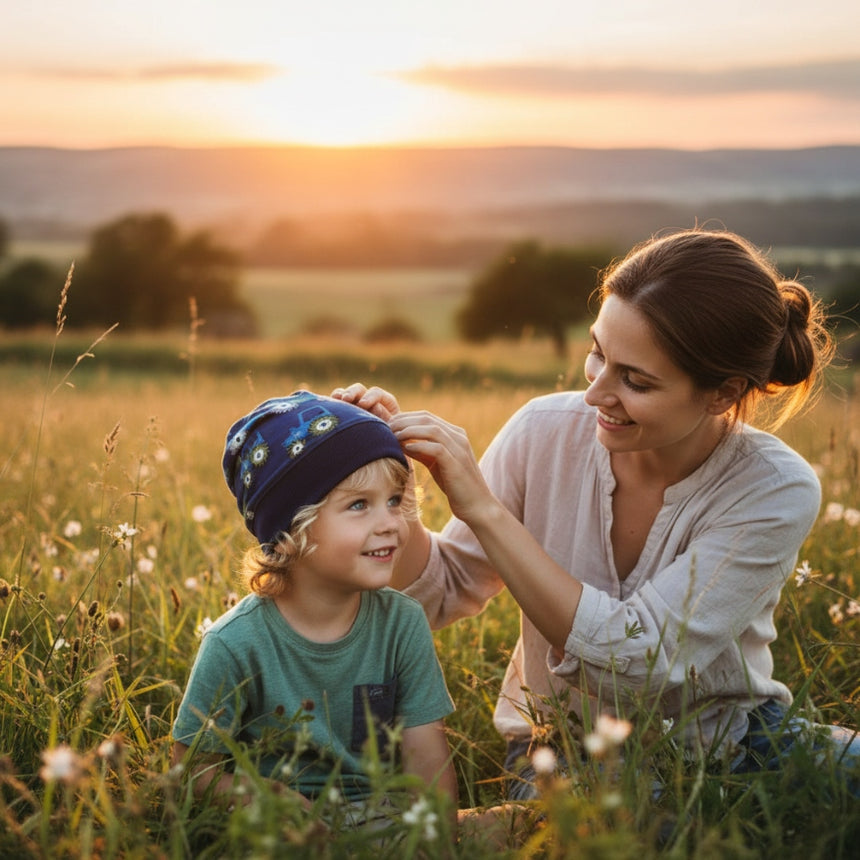 Frau setzt Kind im Gras eine Wollhuhn Dünne Öko Beanie-Mütze auf, handgefertigt und elastisch, ideal für Übergangszeiten.