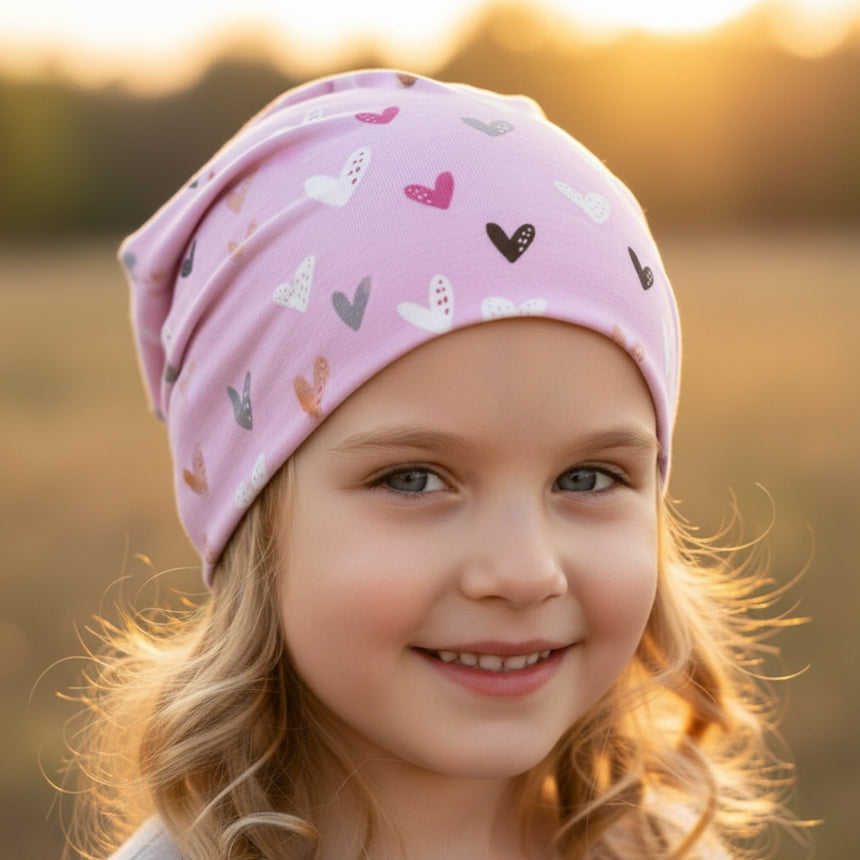 Kind trägt Wollhuhn Öko Long Beanie, zweilagig mit Herzmotiven, im Freien. Beanie aus weichem Jersey, komfortabel für Kinder, ideal ganzjährig.