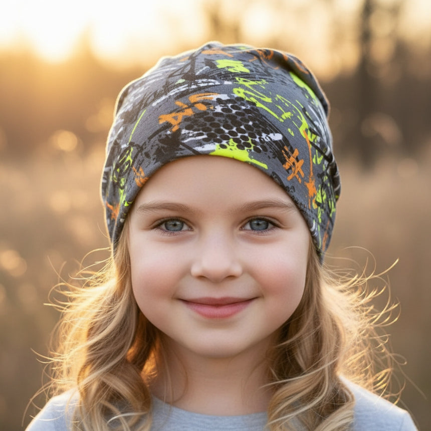 Ein Kind trägt eine Wollhuhn Öko Long Beanie/Wendemütze, Ganzjährig, Zweilagig, Graffiti Grau/Bunt, handgemacht und lässig sitzend, ideal für verschiedene Jahreszeiten.