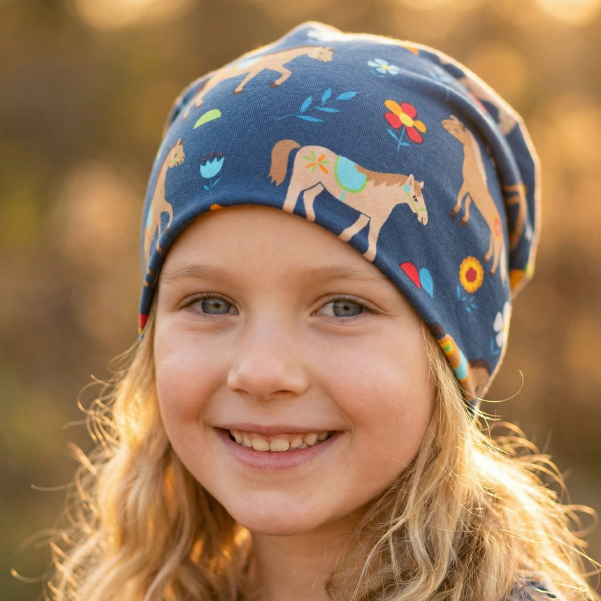 Wollhuhn Öko Long Beanie / Wendemütze, Ganzjährig, Zweilagig, Pony Blau