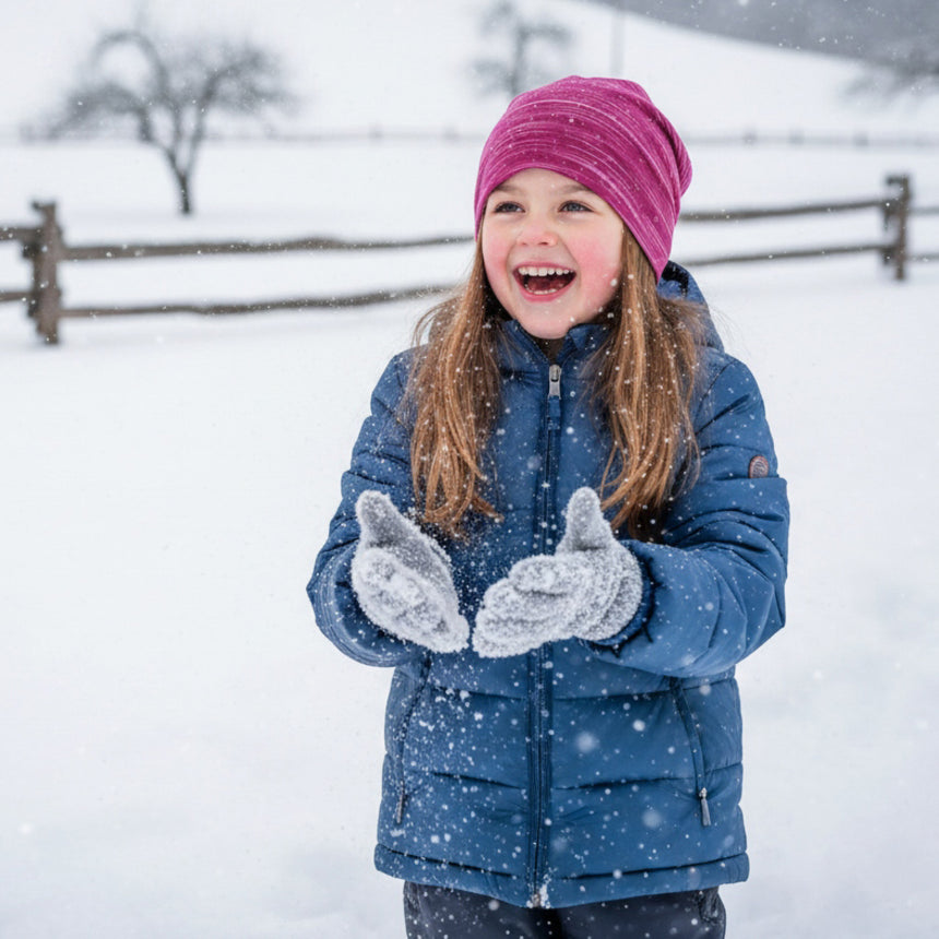 Mädchen im Schnee mit Wollhuhn Öko Shorties, lacht und hält Hände hoch. Trägt die zweilagige, wendbare Beere-Mütze. Perfekt für kalte Tage und Abenteuer.