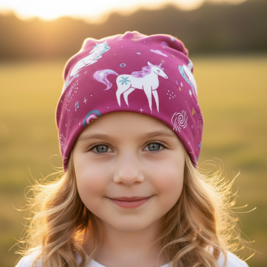 Mädchen trägt Wollhuhn Öko Shorties Wendemütze mit Einhörnern in Beere, lächelt im Freien. Handgemachte, zweilagige Beanie, perfekt für aktive Kinder.