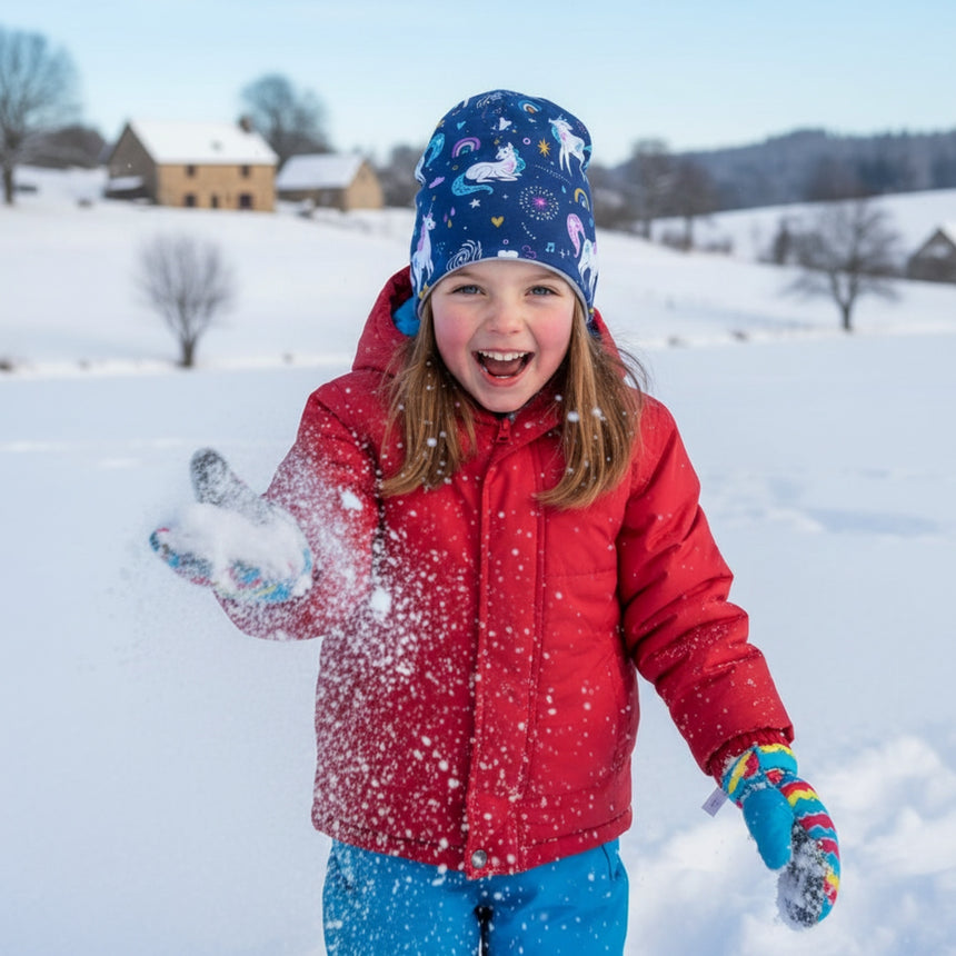 Kind wirft Schnee, trägt Wollhuhn Öko Long Beanie/Wendemütze, zweilagig, Einhorn-Design. Perfekt für milde Wintertage; handgemacht in Deutschland.