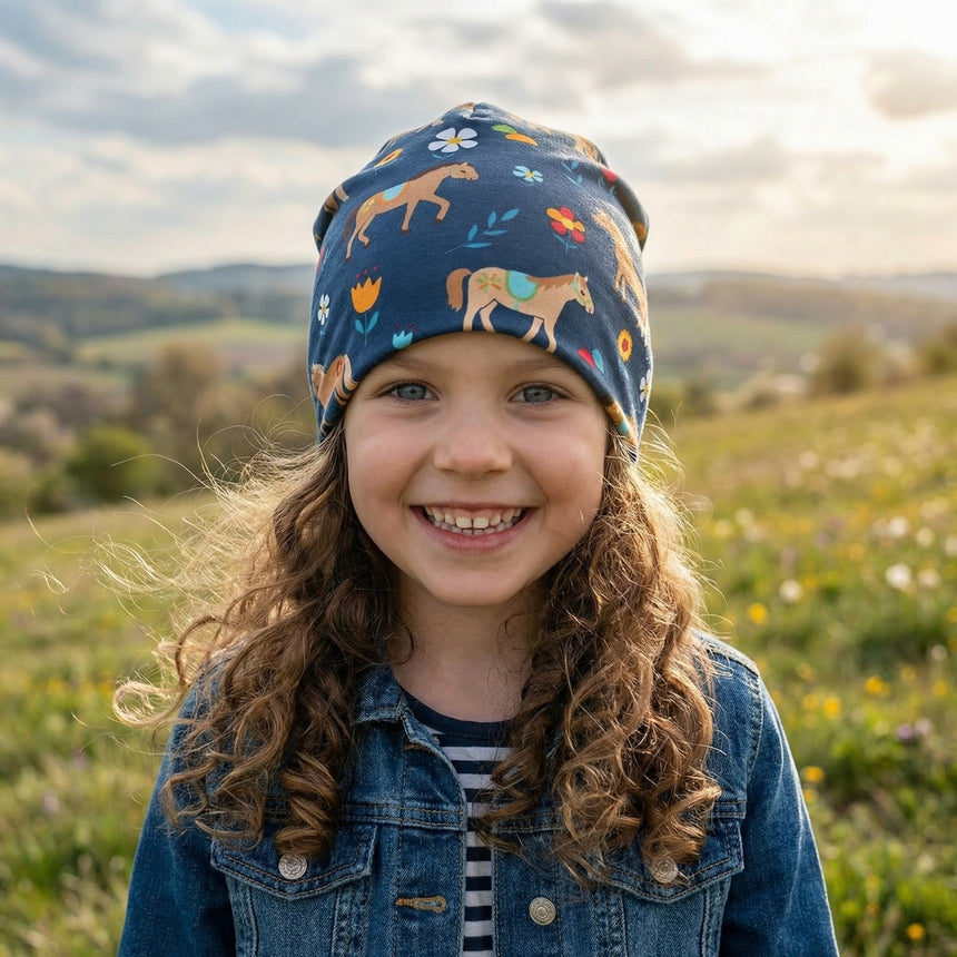 Wollhuhn Öko Long Beanie / Wendemütze, Ganzjährig, Zweilagig, Pony Blau