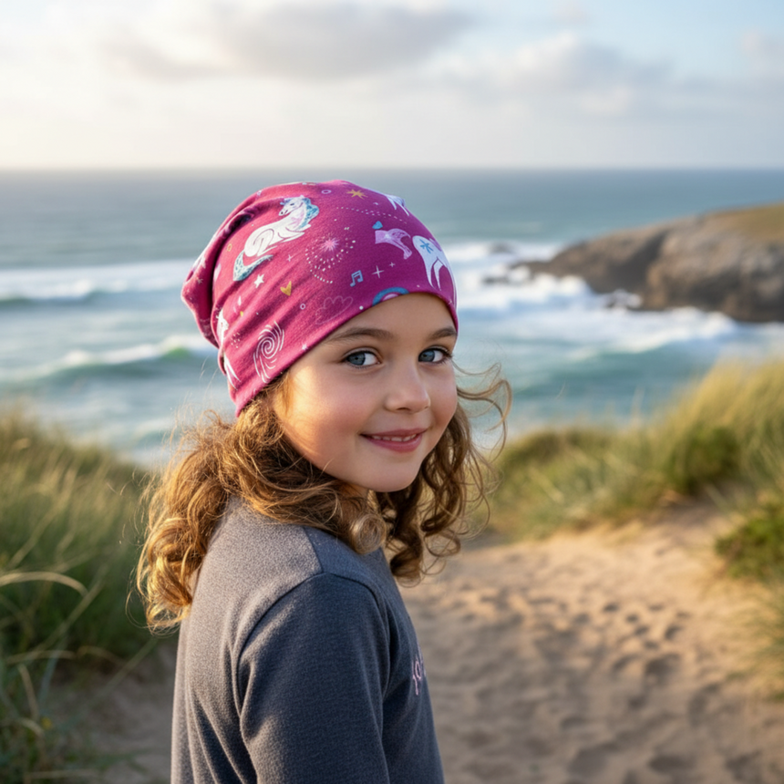 Mädchen am Strand mit der Wollhuhn Öko Long Beanie in Pink mit Einhörnern, ideal für lässigen Look, zweilagig und handgemacht aus nachhaltigem Öko-Jersey.
